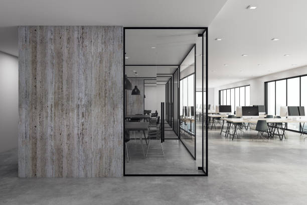 Modern coworking office interior with copy space on wall. Mock up, 3D Rendering