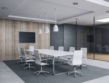 Modern meeting room interior with empty tv screen and sunlight. Workplace and company concept. 3D Rendering