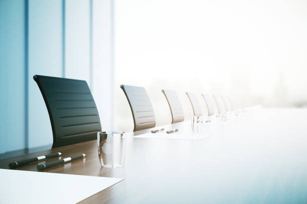 Close of up table with equipment in conference room. 3D Rendering